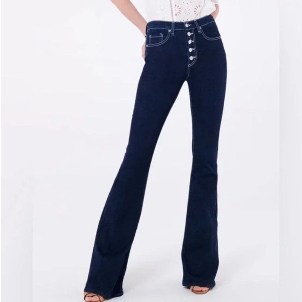 Veronica Beard Dark Navy Button-Front Flared Jeans